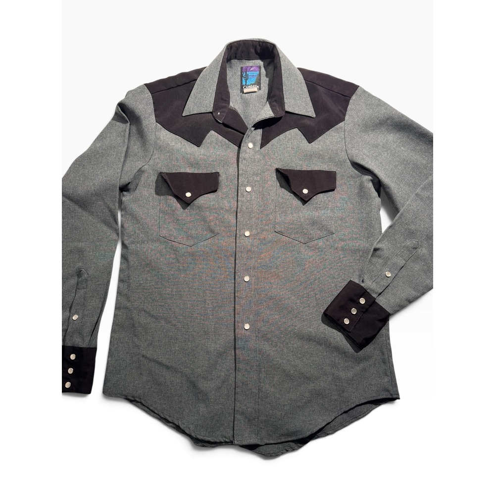 Vintage Custer Western Pearl Snap Shirt Grey Black Two Tone Yoke Small